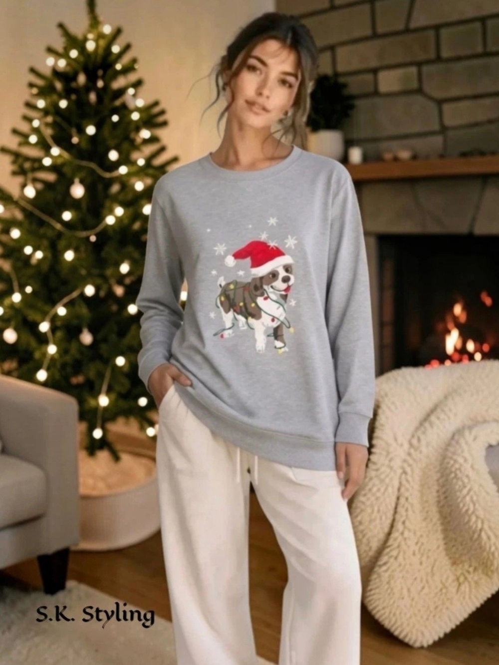 Woman Within Heathered Gray Sweatshirt Holiday Christmas Dog size 18/20 L